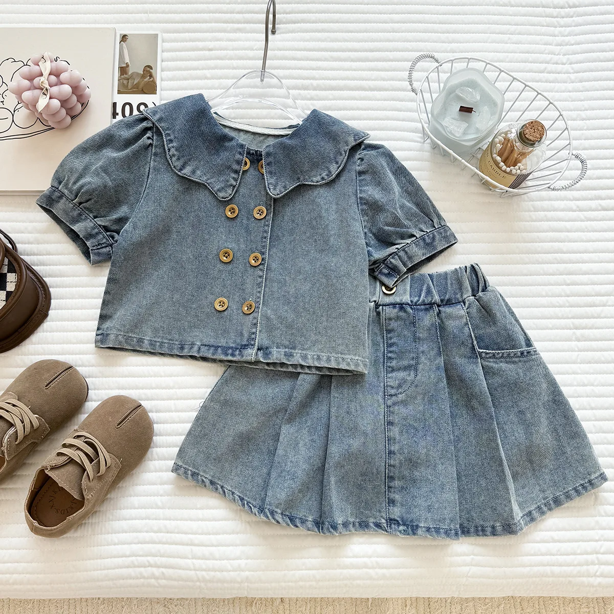 Girls' Denim Half Skirt Set Summer Kids Short Sleeve Double Breasted Cowboy Top + High Waist Slim A-line Pleated skirt
