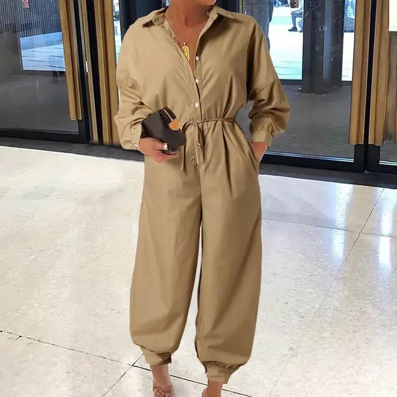 Women Long-sleeved Belt Cargo Jumpsuit 2023 Lapel Solid Color Casual Jumpsuit S-5XL New Women Retro Autumn Button Work Clothes