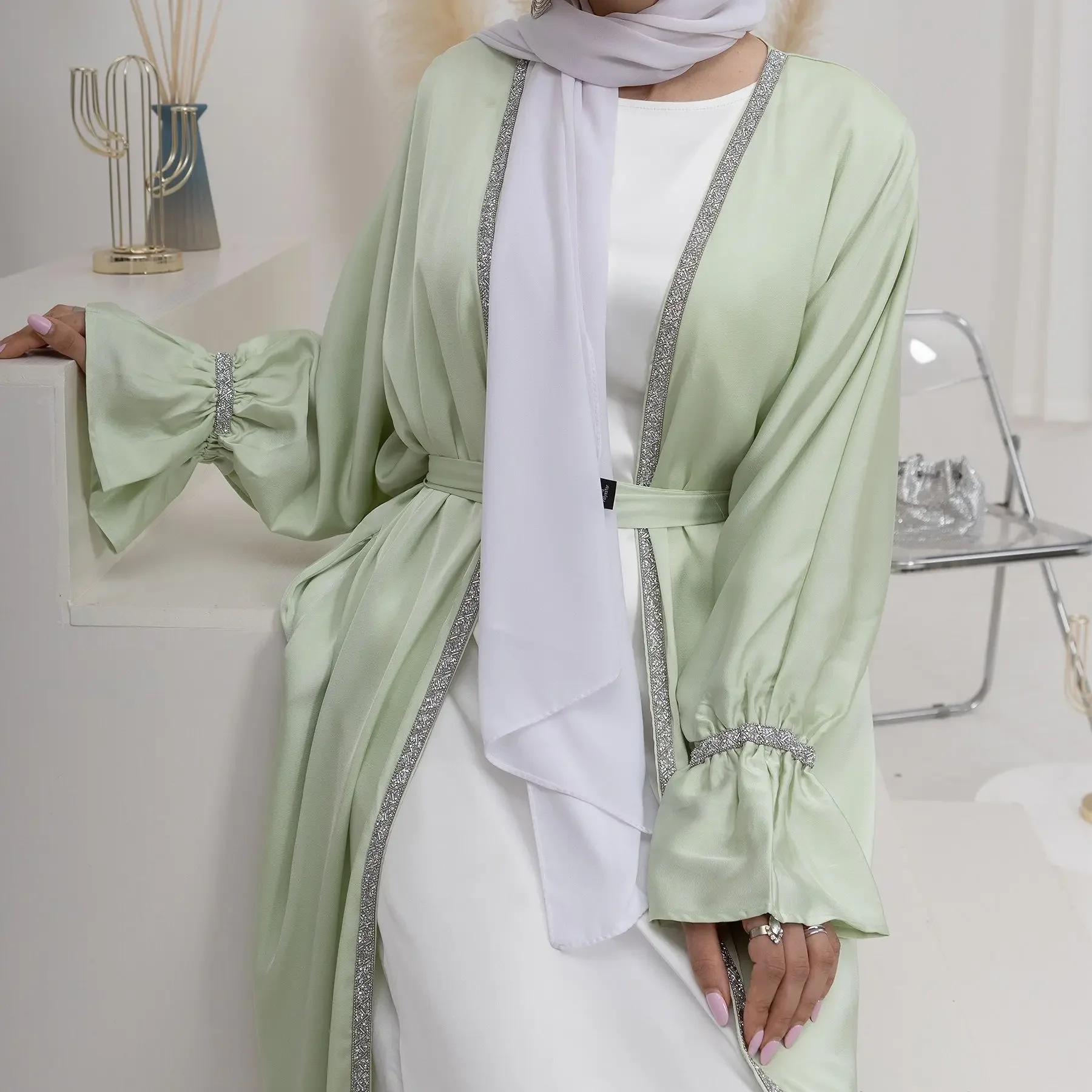 Eid Kralen Satijn Abaya 2 Delige Set Open Kimono Innerlijke Jurk Effen Moslim Abaya Voor Vrouwen Dubai Luxe Kalkoen Islam Outfit Kaftan