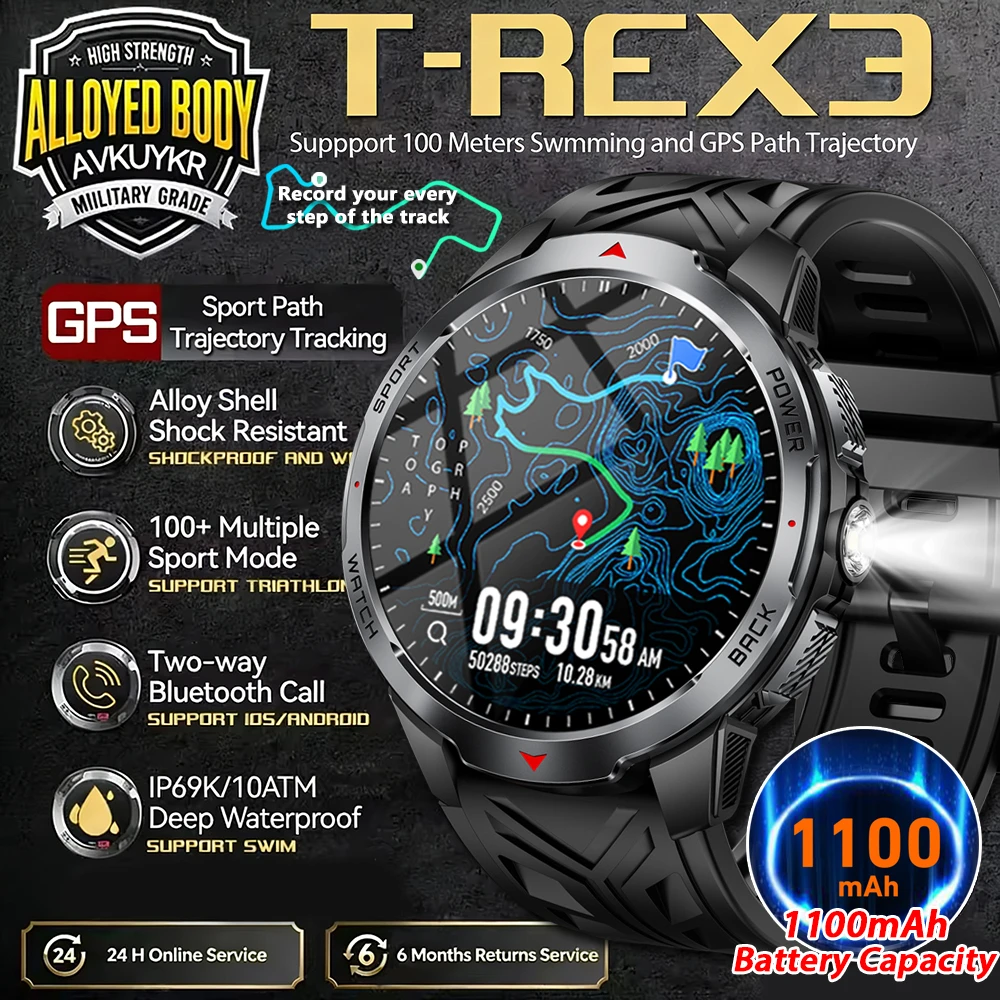 

2026 T-REX3, 1100 мАч, большая батарея, прочные умные часы для взрослых, GPS, сильный фонарик, 10 АТМ, водонепроницаемые, BT Call, спортивные умные часы для мужчин