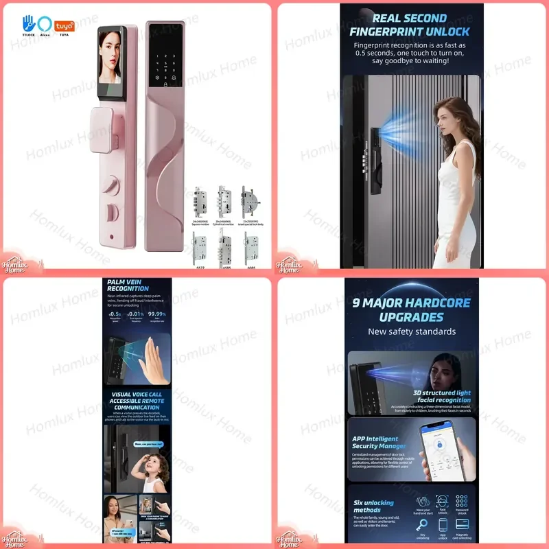 7-in-1 Smart Door Lock with 3D Face Recognition Support for 6068 5572 6585 6590 Cylinders Entrance Door Lock Fingerprint