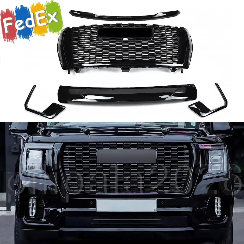 Front Hood & Lower Molding Trims Replace For GMC Yukon/XL Denali 2021-2024 Black Front Bumper Upper Grille Fog Lights Cover 5pcs