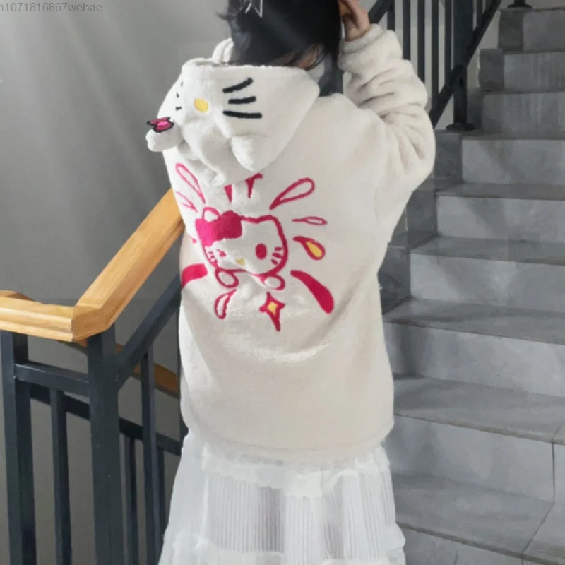 Sanrio Hello Kitty Embroidery Hooded Cotton Lamb Fleece Coat Y2k Women Zipper Trend Jacket Women Winter Thick Warm Clothes