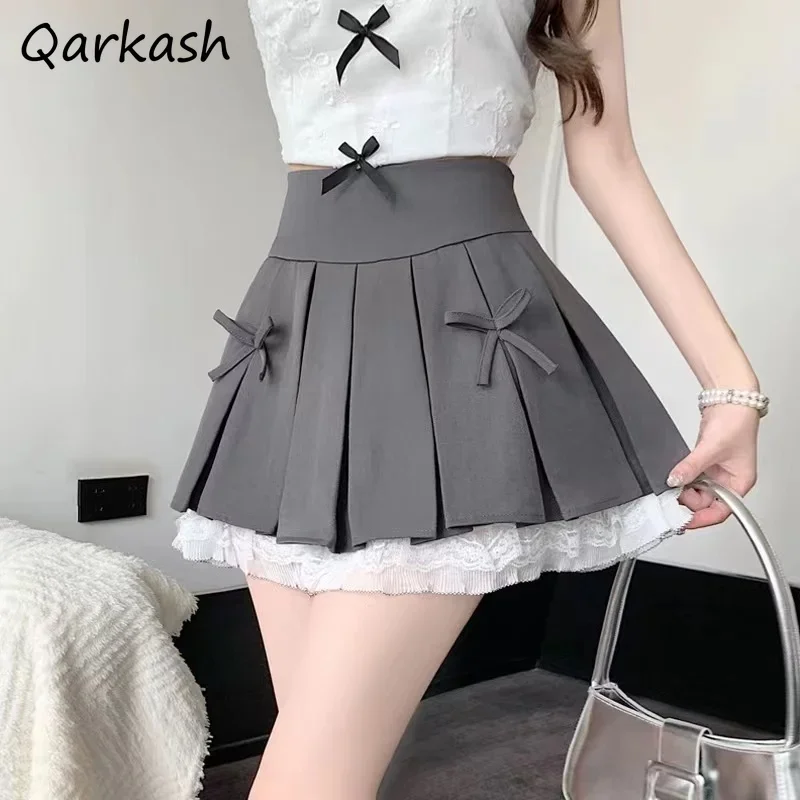 

Pleated Skirts Women Bow Lace Patchwork Design Summer New Korean Style High Waist Slim Sexy Streetwear Students Fashion Casual