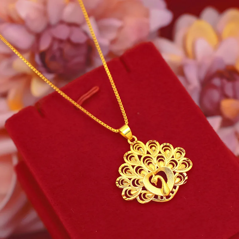 Luxury 24K 9999 Pure Gold real gold Peacock Open Screen Pendant Women's Water Wave Necklace