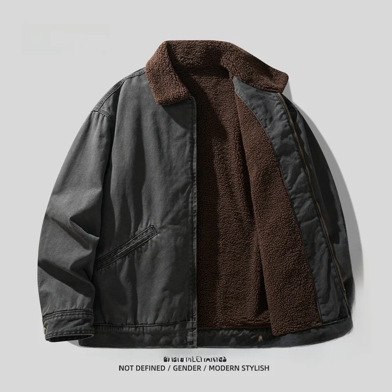 

Ретро-мотоциклетная куртка из утолщенного хлопка с подкладкой из овечьего флиса для мужчин, теплая зимняя рабочая одежда, утепленное хлопковое пальто