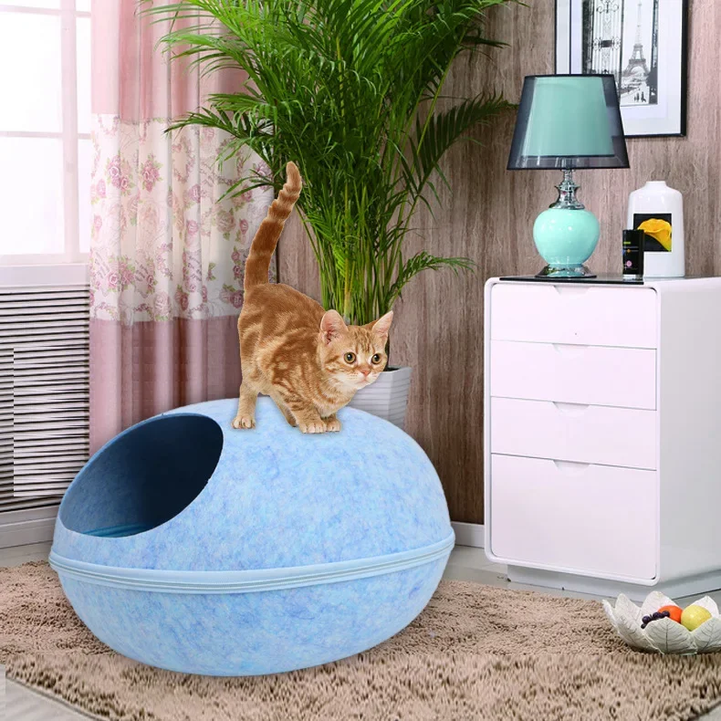 Felt Cat Bed Artificial Felt House Cats SleepingBag with Nest Cushion Eggshell Detachable Breathable Semi Enclosed Pet Cave casa