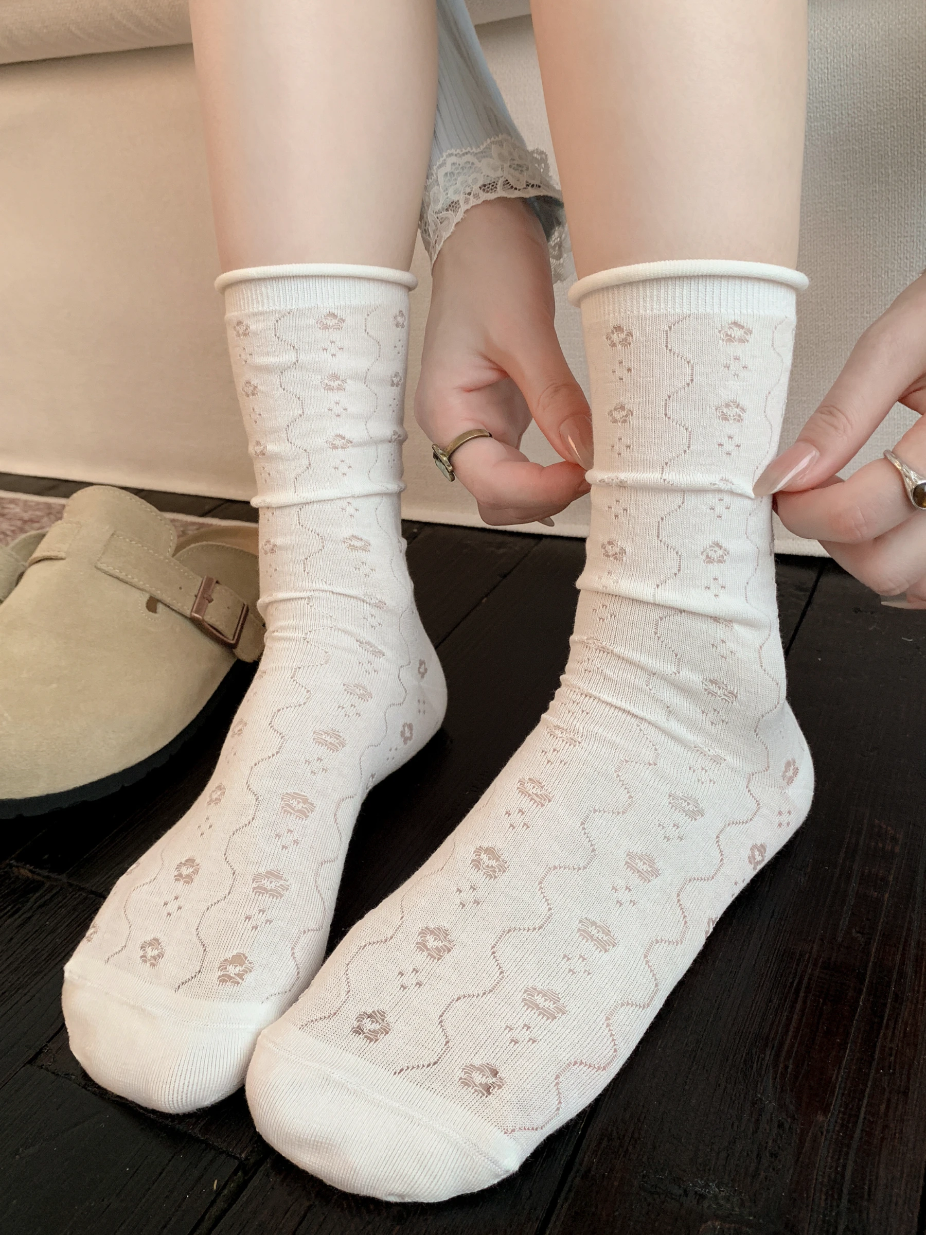 

White Cotton Women's Mid-Calf Socks Summer Thin Lace Trim Ballet Style Polka Dot Long Socks Breathable Moisture Wicking