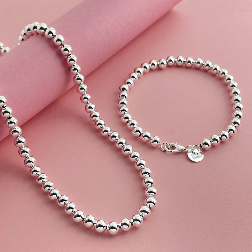 925 Sterling Silber Schmuckset 6 MM buddhistische Perlen Halskette Armband Set Damenmode einfache Geburtstag Hochzeit Schmuck Geschenk – Detail 2