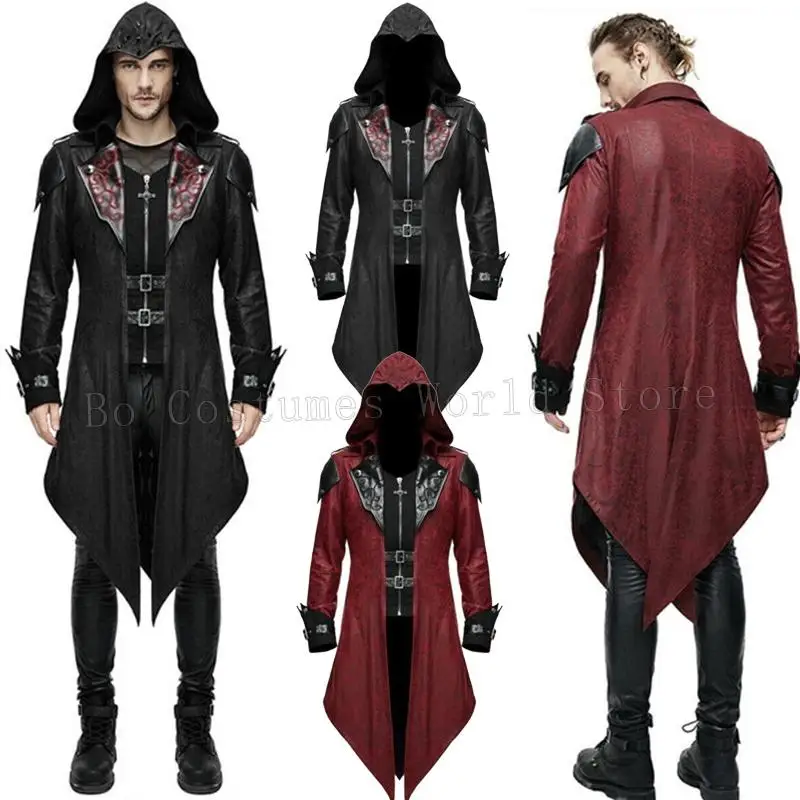 Traje Medieval victoriano para hombre, chaqueta de retales Retro negra, gabardina Steampunk, abrigo de cola, abrigo gótico, uniforme Cos