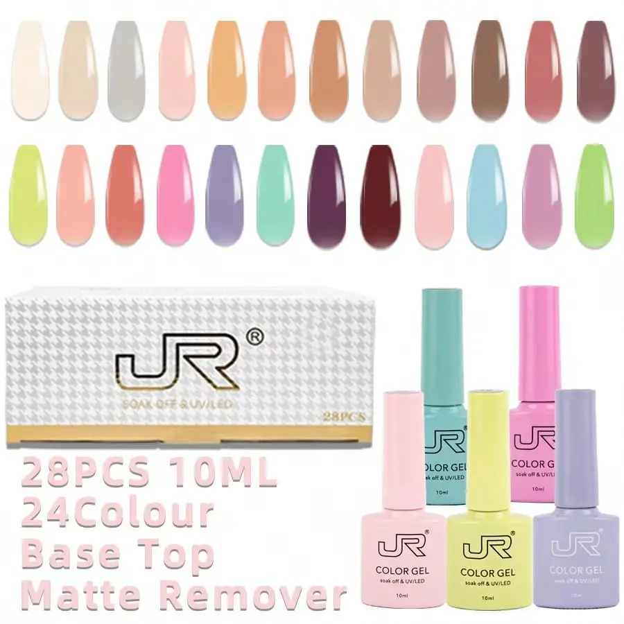 JR 28 pcs 10ml gel nail polish set Including 24 colors top coat base coat remover matte Gel Polish Kit UV LED Soak Off Polish