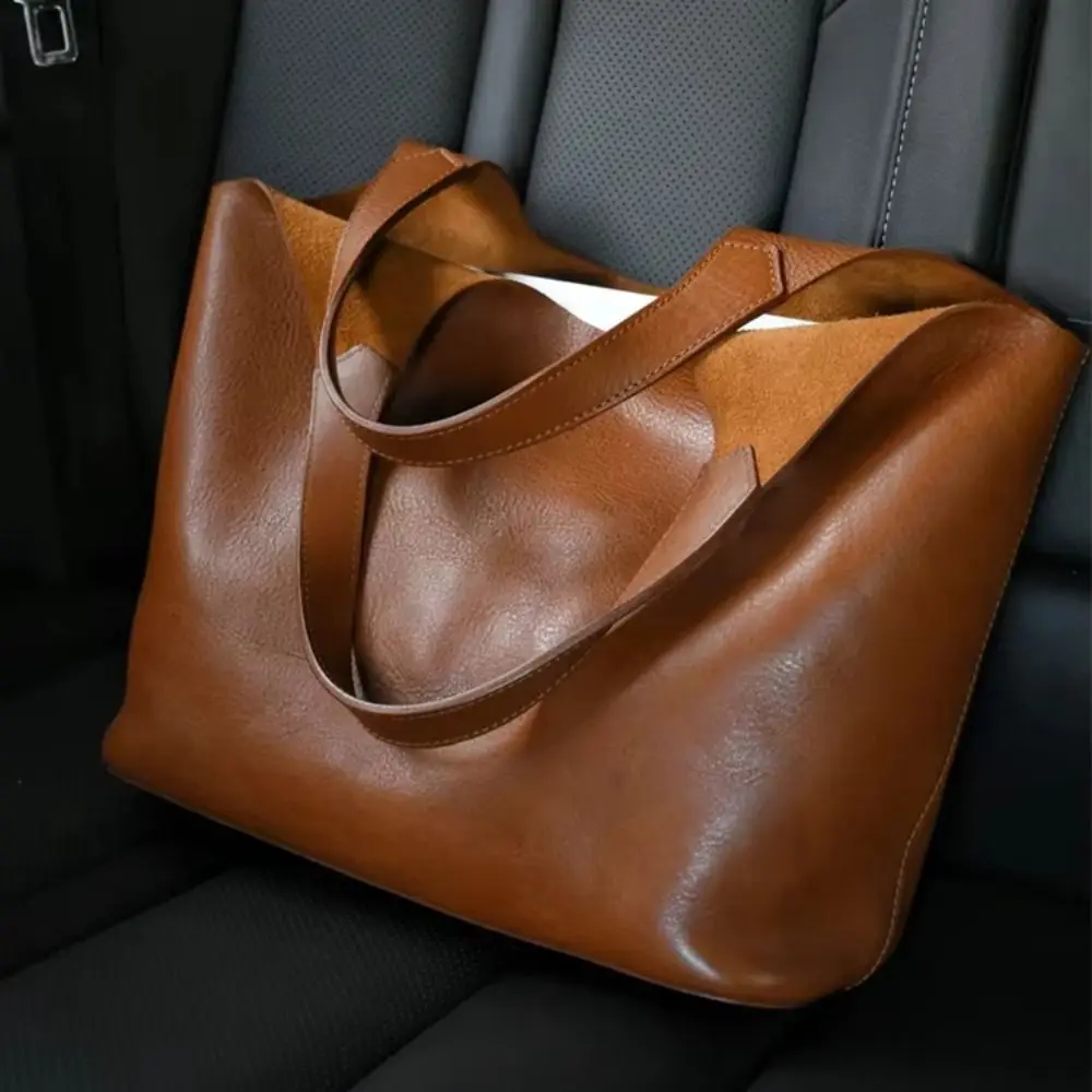 

High Quality Brown Women's Handbags Large Capacity Retro Tote Bag Soft Leather Luxurious Texture Tablet Computer Bag