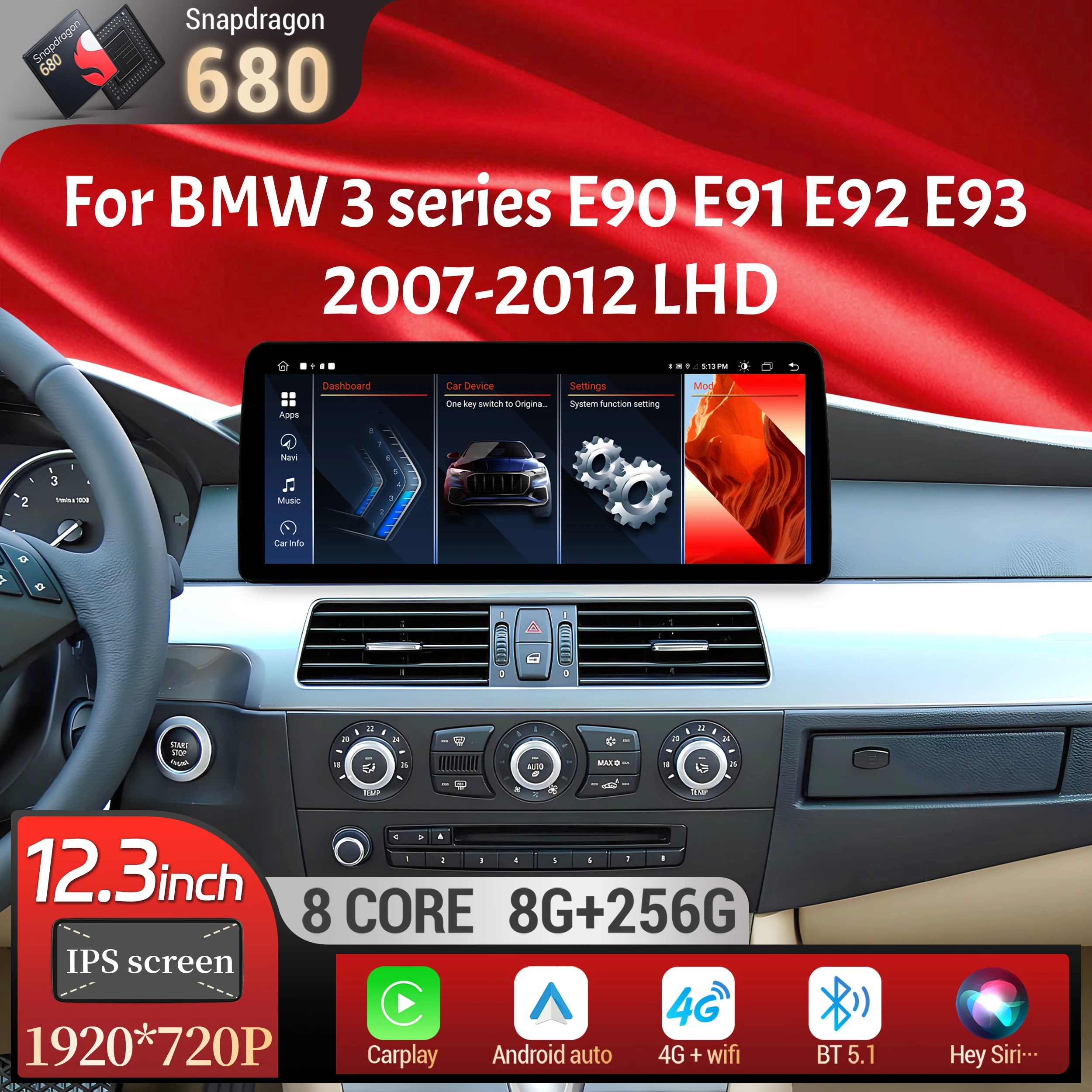 12.3 inch Left Hand Drive Android 14 For BMW 3 series E90 E91 E92 E93 2007-2012 Car Radio Wireless Carplay Snapdragon 680 Screen