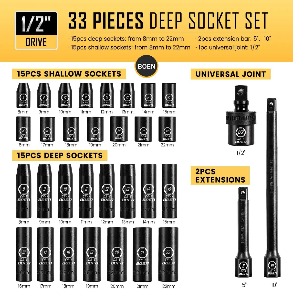 1/2" Drive Impact Socket Set 33 Piece Deep Shallow Metric Socket Set 8mm to 22mm Includes 5" 10" Extension Bars Universal Joint