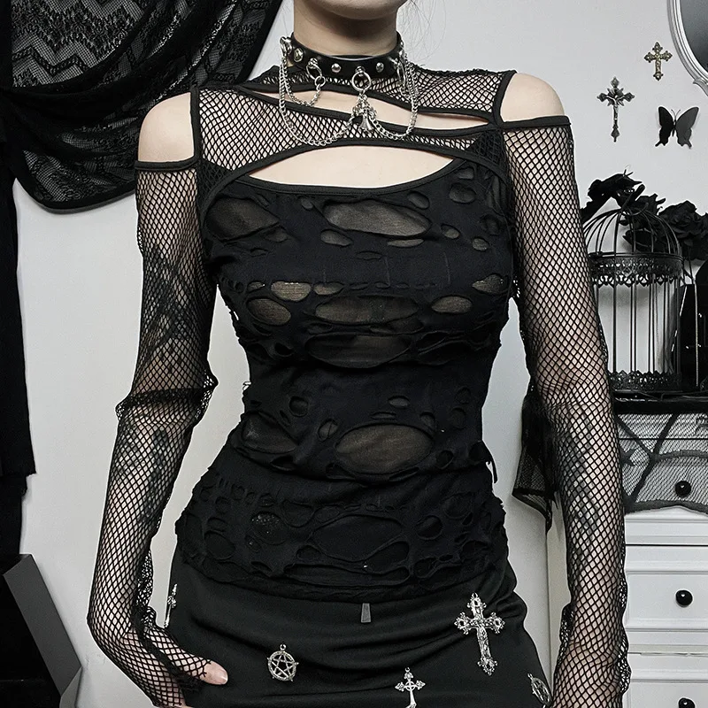 ISAROSE Black Punk T-shirt for Women Asymmetrical Shoulder See-through Fishnet Long Sleeves Hollow Out Gothic Spring Summer Tops