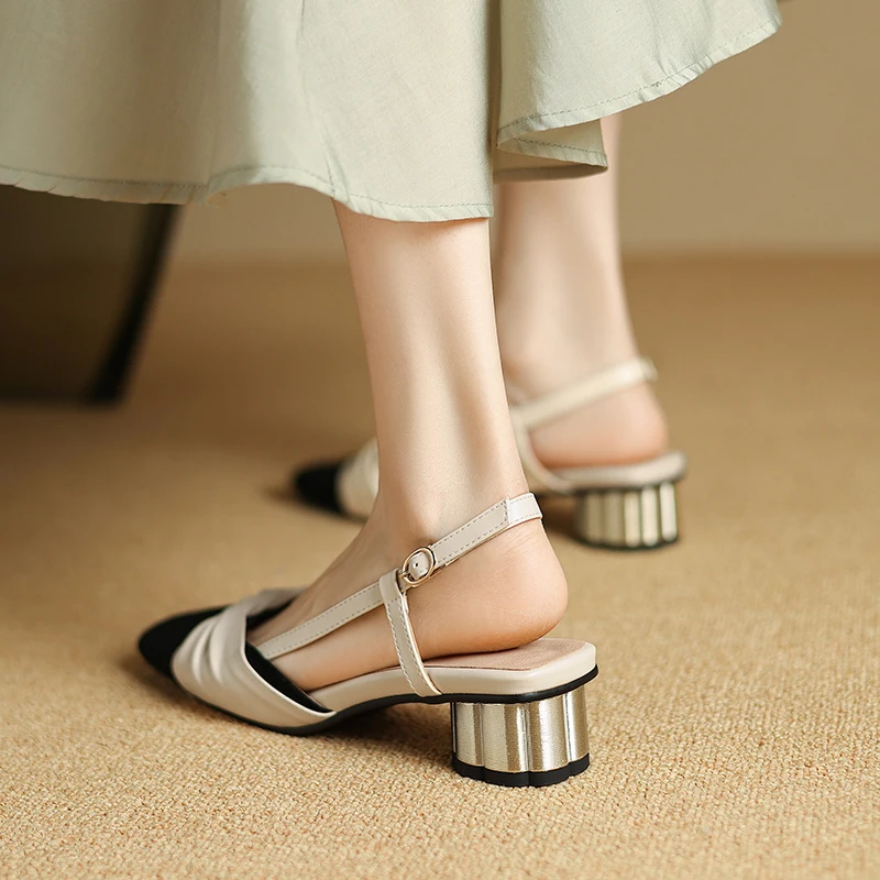 Summer Sandals Elegant Ladies Square Toe Pleated Pumps Spring Vintage Med Heel Shoes Beige Apricot Women Sandals