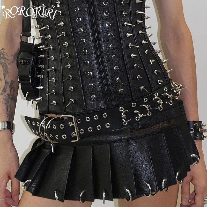 

RORORIRI Rings Decor Pleated Leather Skirt Women Sexy Summer Split Velcro-fasten Wrap Around Black Mini Skirt Punk Retro Clothes