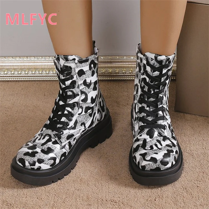 

Large Leopard Print Women's Boots 2023 Autumn/Winter New European and American Thick Sole Fashion Lace up Women's Riding Boots