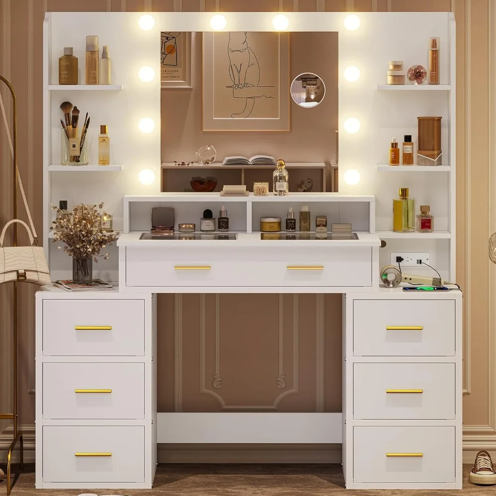 

Makeup Vanities with Mirror and Lights, 10x Magnifying Mirror & Power Outlets, Glass Top Vanity Desk with 8 Drawers & 6 Shelves