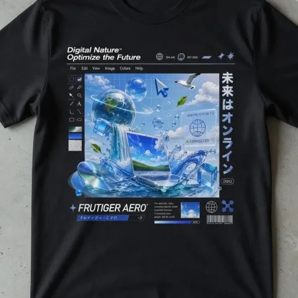 Frutiger Aero T Shirt Future Earth Graphic Tee Y2K Internet Aesthetic Shirt Eco Technology Art Tee Futuristic World Design 2