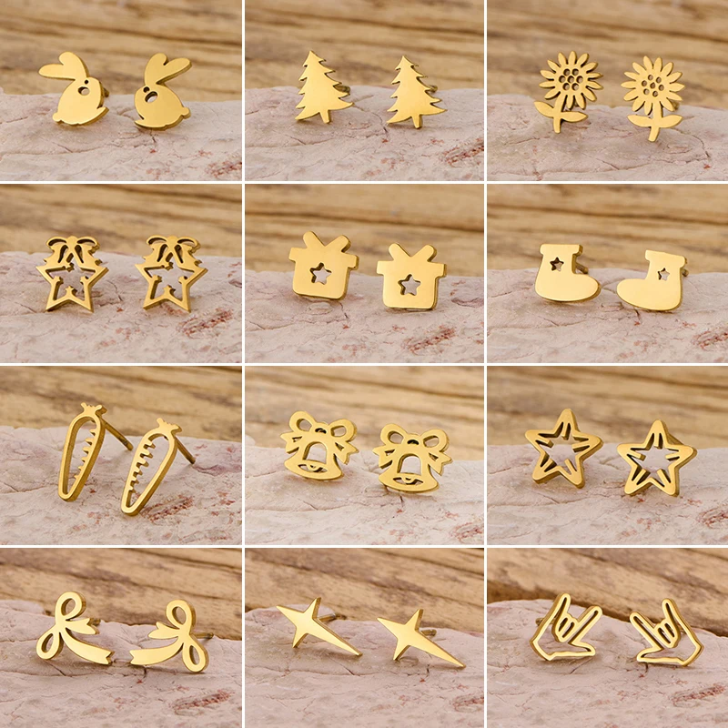New Christmas Tree Earrings for Women Fashion Stainless Steel Star Bowknot Gift Box Shape Earings Jewelry Funny Xmas Accessories