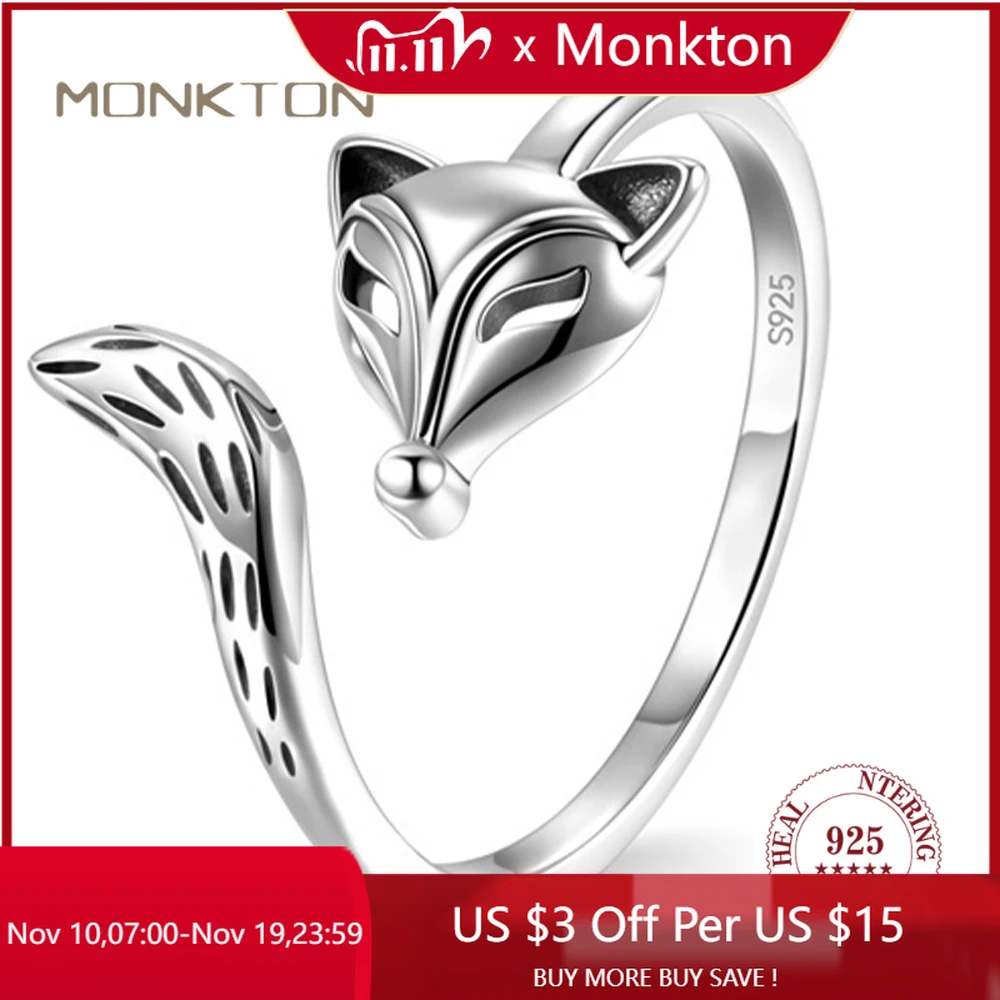 

Monkton Real 925 Sterling Silver Cute Fox Ring for Women Vintage Open Adjustable Engagement Party Jewelry for Girl Animal Rings