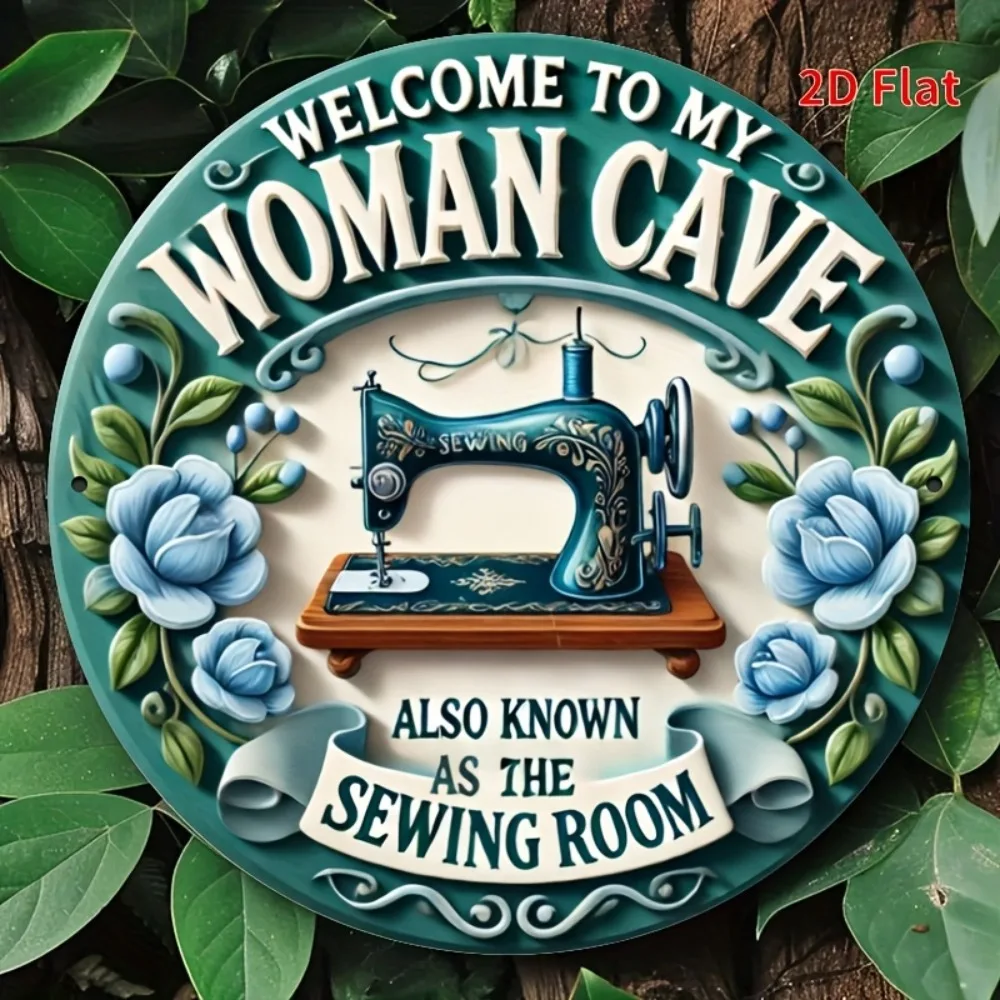 1 Stück „Welcome to My Woman Cave“ Nähzimmer-dekoratives Metallschild – 20,3 x 20,3 cm große Aluminium-Wandkunst mit Vintage-Nähmaschinen-Design