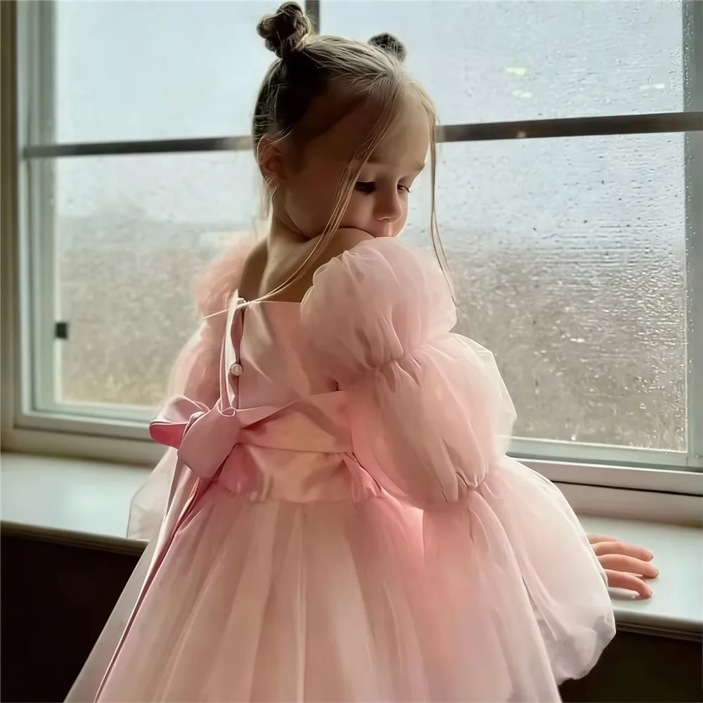 

Elegant Flower Girl Wedding Dress Puff Sleeves with Bow Baby Tulle Birthday Festival Party Dress Toddler Baptism Ceremony Gown