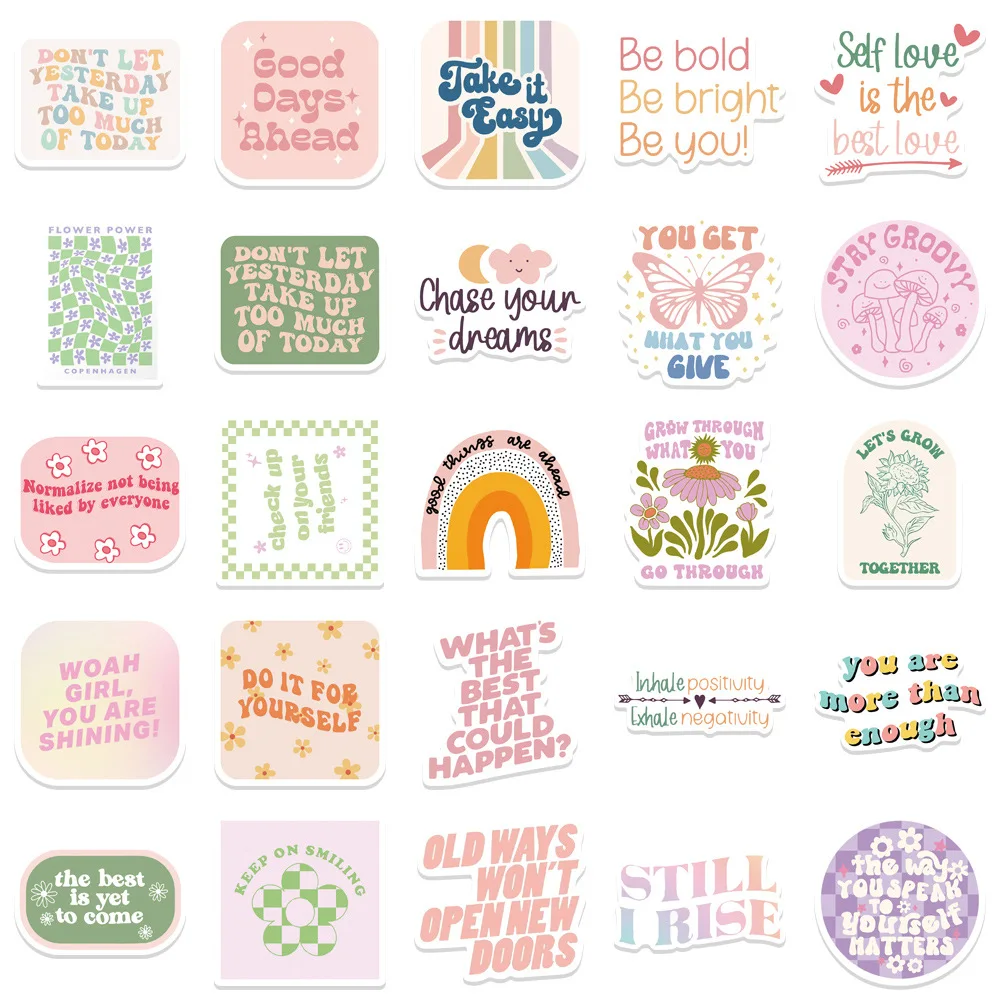 50pcs Waterproof Cute Text Sticker for Smart Phones, vases,Cups, Laptops, Cars, Wall, notebooks, Graffiti Decoration