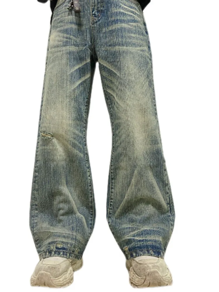 Vintage Blue Men's Washed Denim Long Pants American Style New Bamboo Textured Ripped Straight Versatile Loose Jeans 3N78