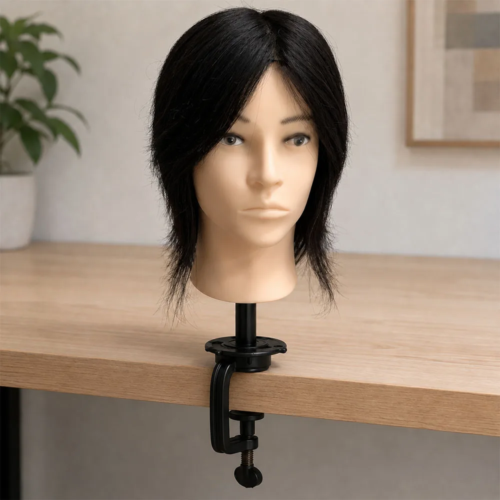 Human Hair Male Mannequin Head Barber Training Head for Hair Styling with Clamp Stand (8 inch)