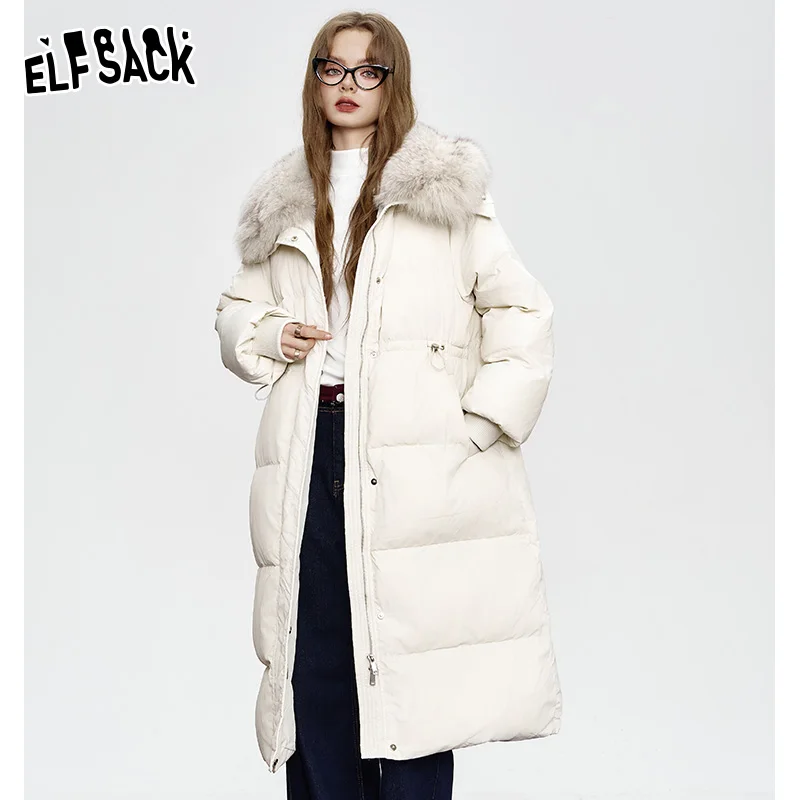 

ELFSACK 2024 Winter New Arrivals Black mid-length down jacket for women Fake fur collar waist elegant coat