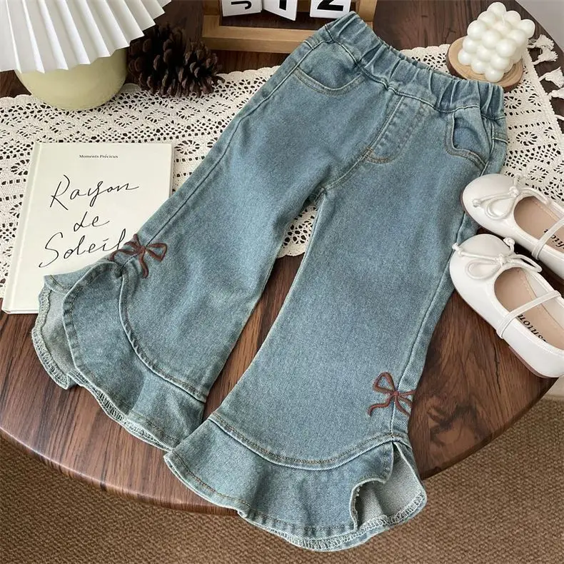 Childrens Clothing 2025 Autumn Casual Fashion Girls Bow Embroidered Jeans Girls Treasure Trend