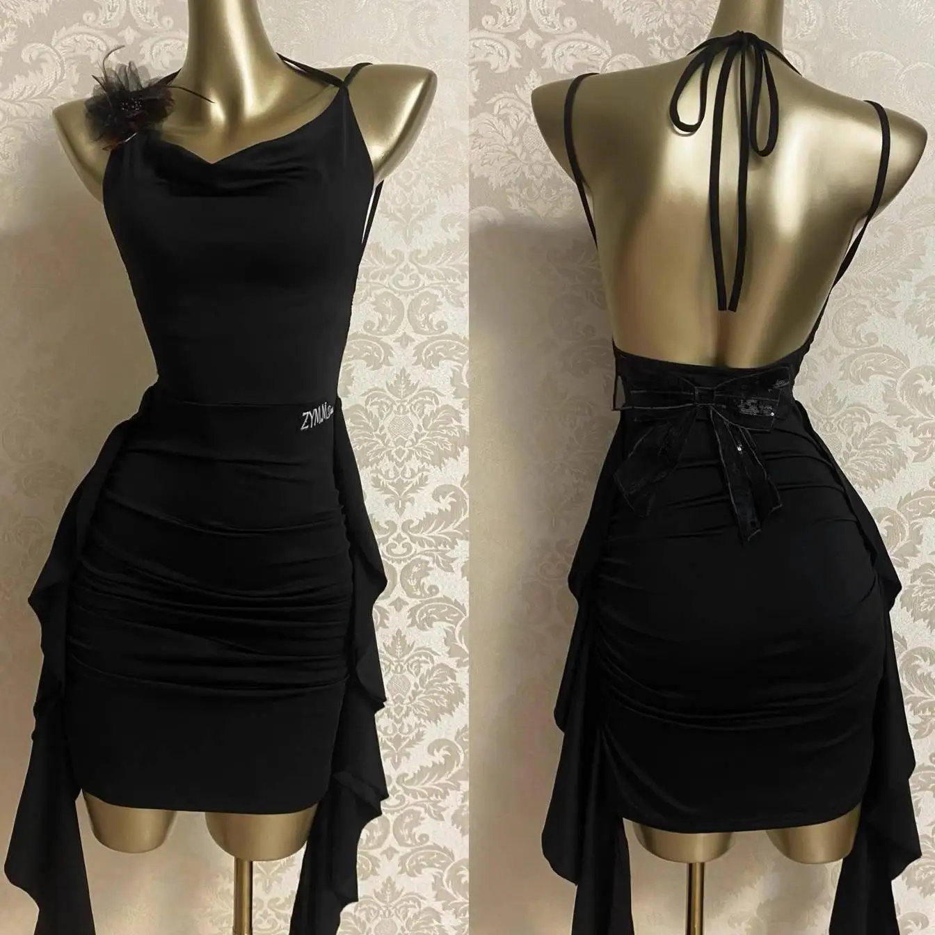 光沢のあるバタフライバックレスラテンダンス練習着女性用ベースレイヤーパンツドレスzymmキラキララップチェストスカートコーヒー色