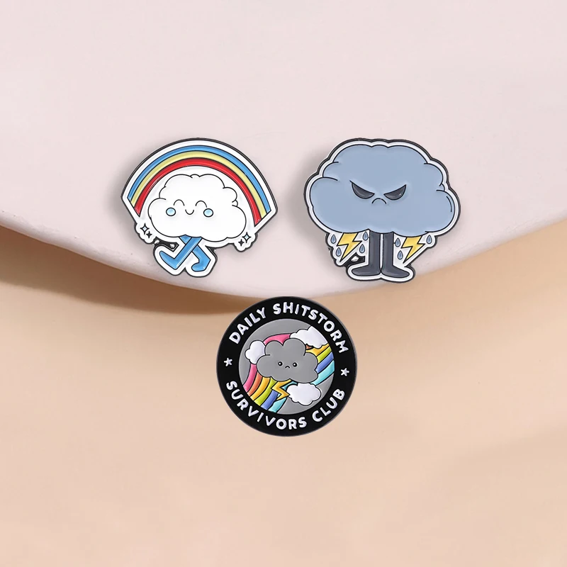 Cartoon Cloud Rainbow Lightning Enamel Pins Daily Shitstorm Survivors Club Funny Weather Mood Brooches Lapel Badge Jewelry Gifts