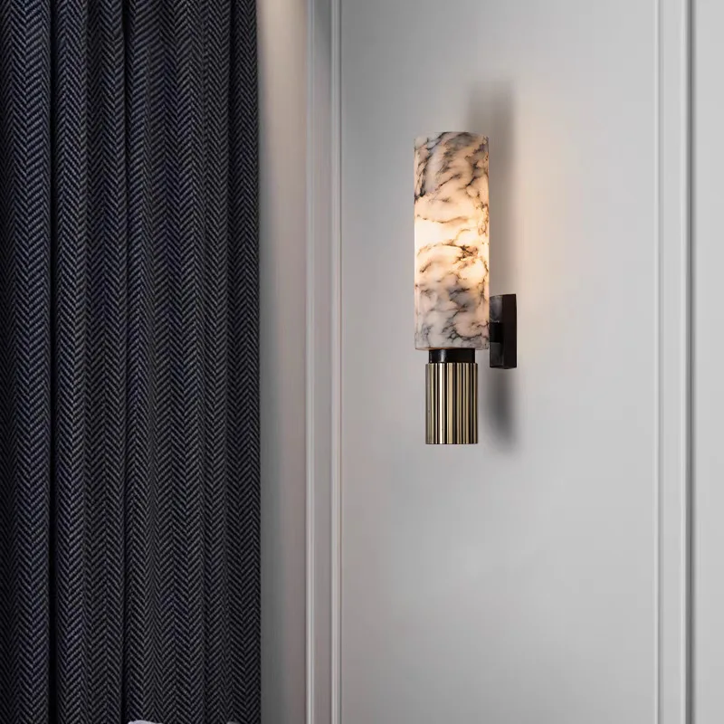 

Cross-border modern light luxury all-copper marble living room TV background wall wall wall lamp atmosphere designer bedroom bed