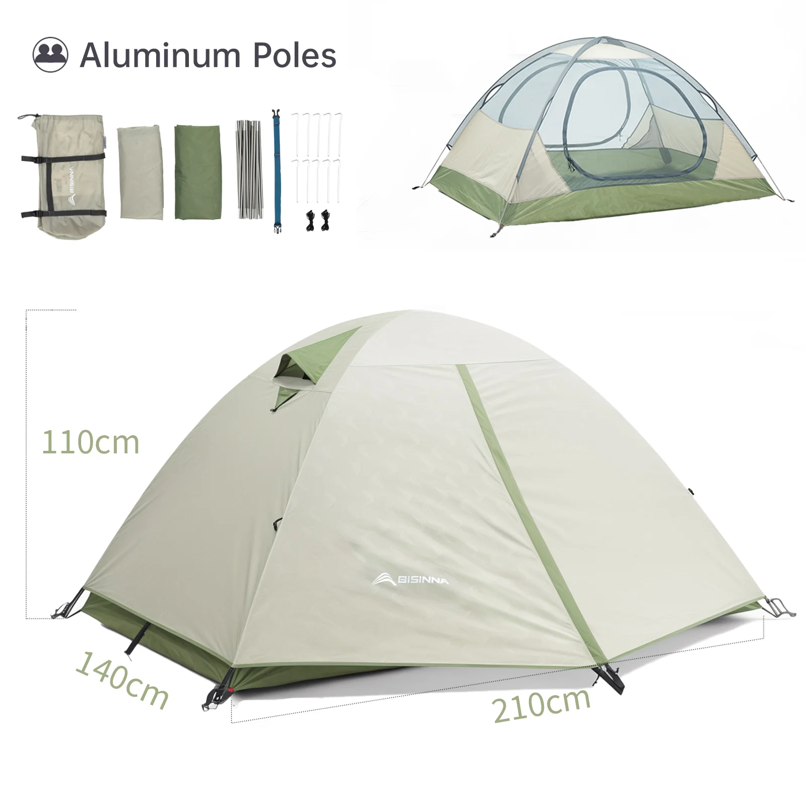BISINNA Campingtent 2 personen dubbellaags waterdichte ultralichte backpacktent voor buiten wandelen, reizen, picknick fietsen