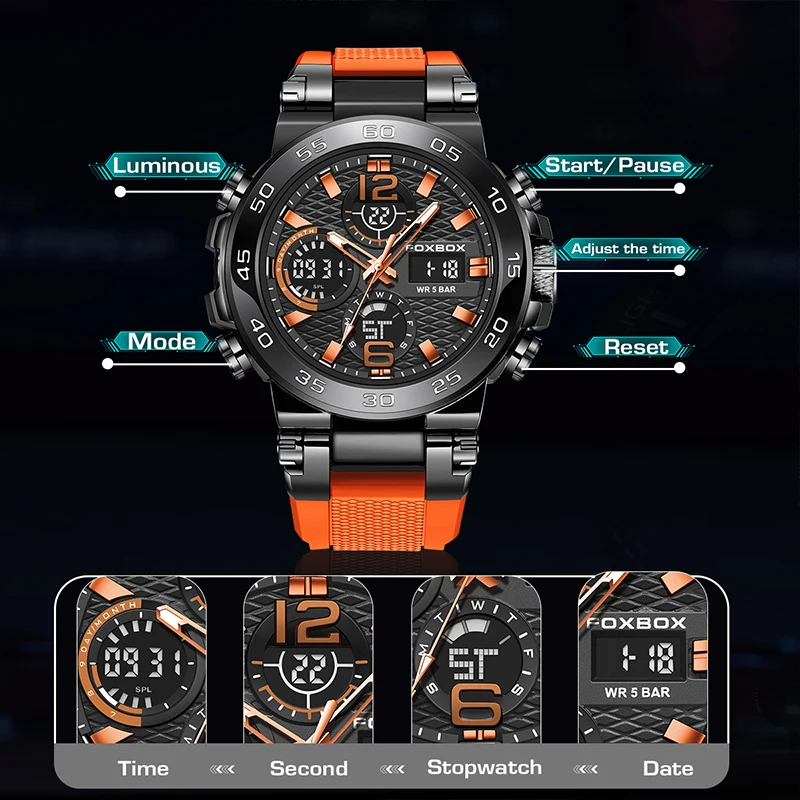 FOXBOX Luxury Men's Watches Diver Sport Mens Watch Fashion Military Waterproof Chronograph Quartz Wristwatch Relogios Masculino