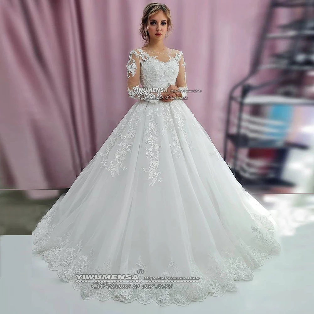 YIWUMENSA Princess A Line Wedding Dresses O Neck Beaded Apppliques Skin Tulle Lace-Up Back Buttons Bridal Gowns Robe De Marriage