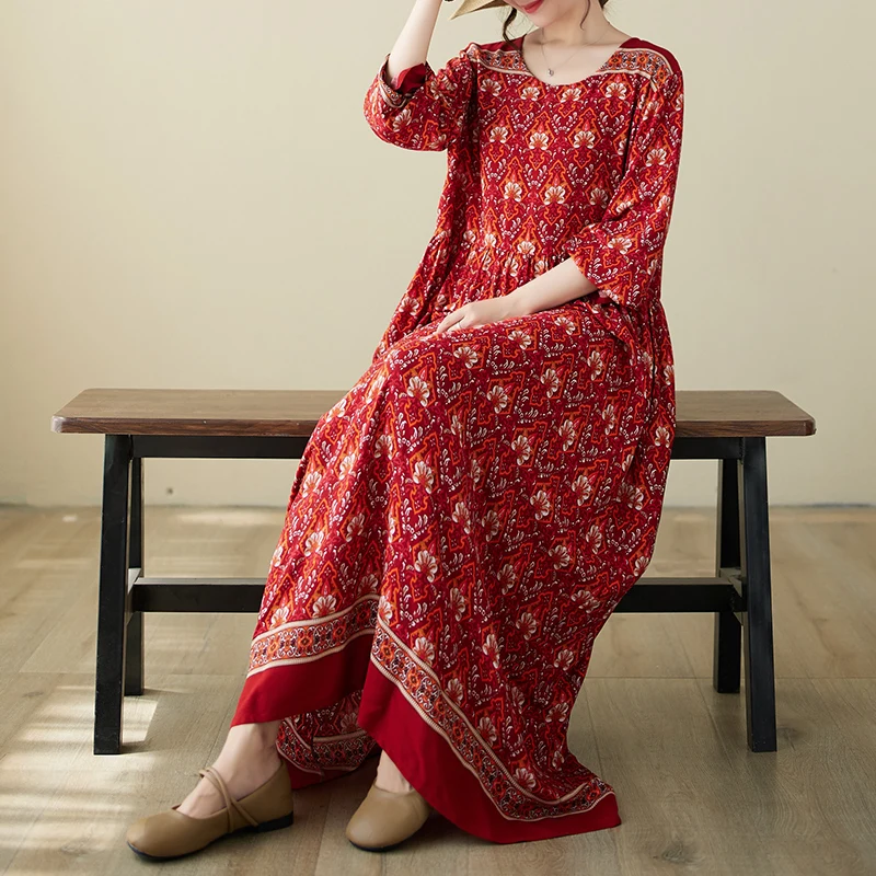 

NYFS 2023 Autumn New Vintage Woman Dress Vestidos Robe Ete Femme Elbise Loose Fat MM Cotton Linen Long Sleeve Print Long Dresses