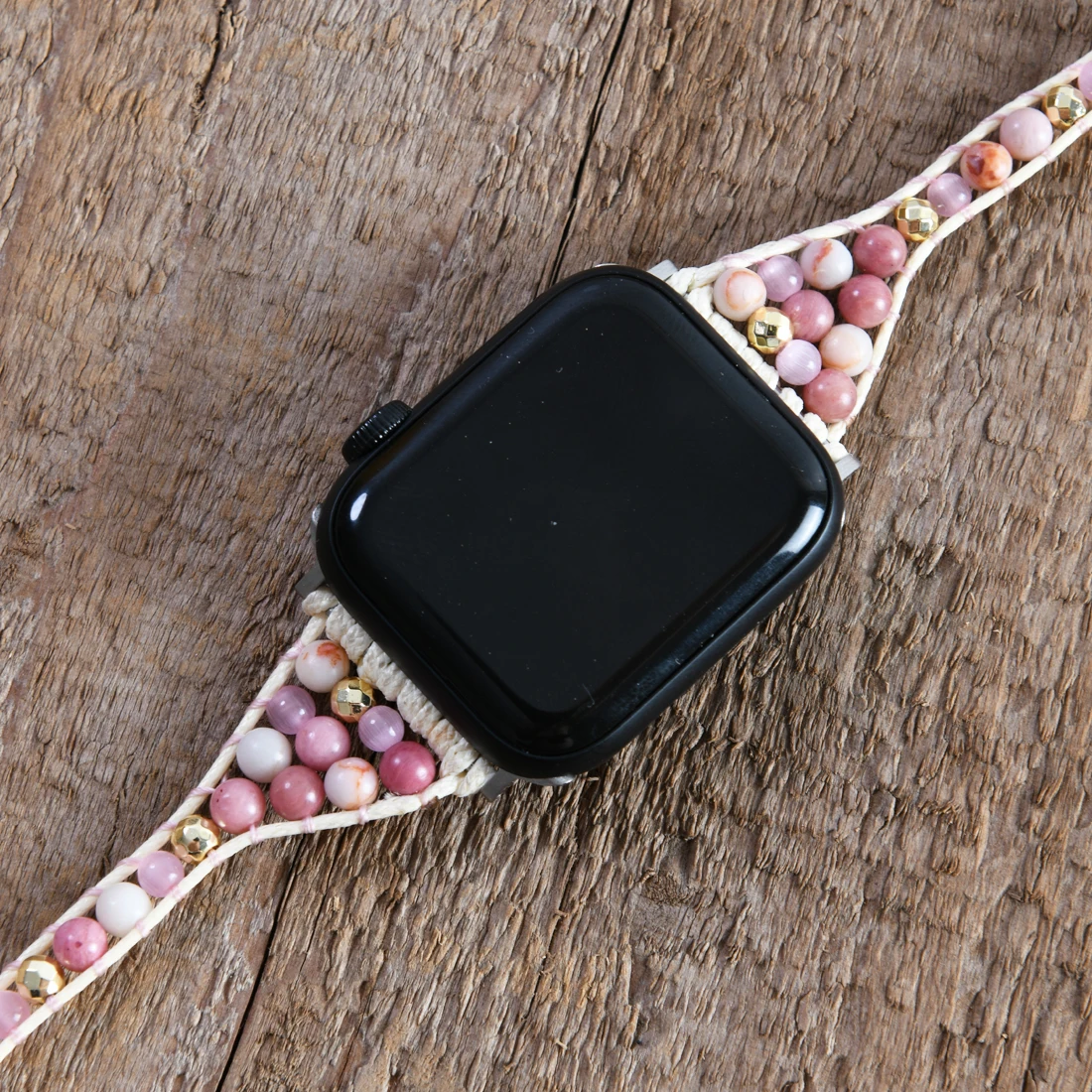 Pink Opal Natural Stone Women IWatch Band Beads Boho 5X Wrap Vegan Wax Rope Watch Strap Wrist Band Bracelet Accessories