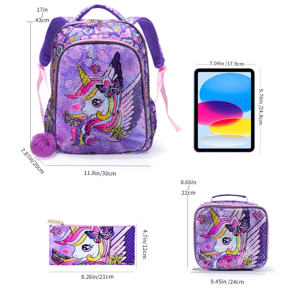 3PCS set Backpack For Girls Kids School BookBag With Lunch And Pen Bag Purple Unicorn Cute sequin Glow-in-the-dark Function