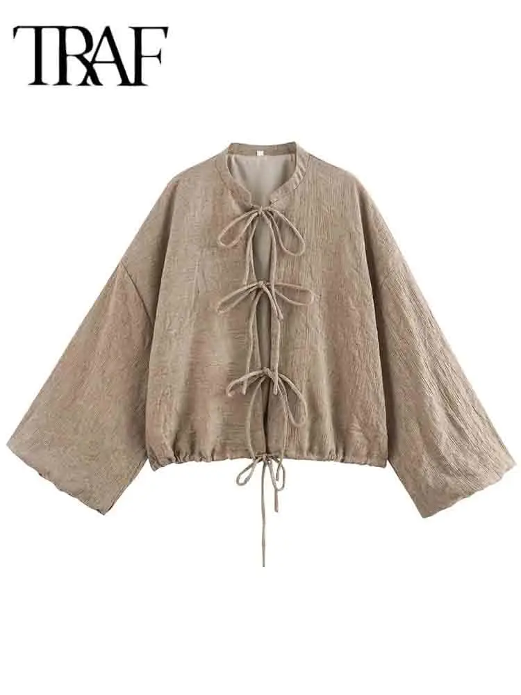 TRAF Causal Cotton Linen Jacket Lace Up Coat Women 2024 Autumn Long Sleeve Loose Jackets for Women Fashion Street New Outerwear