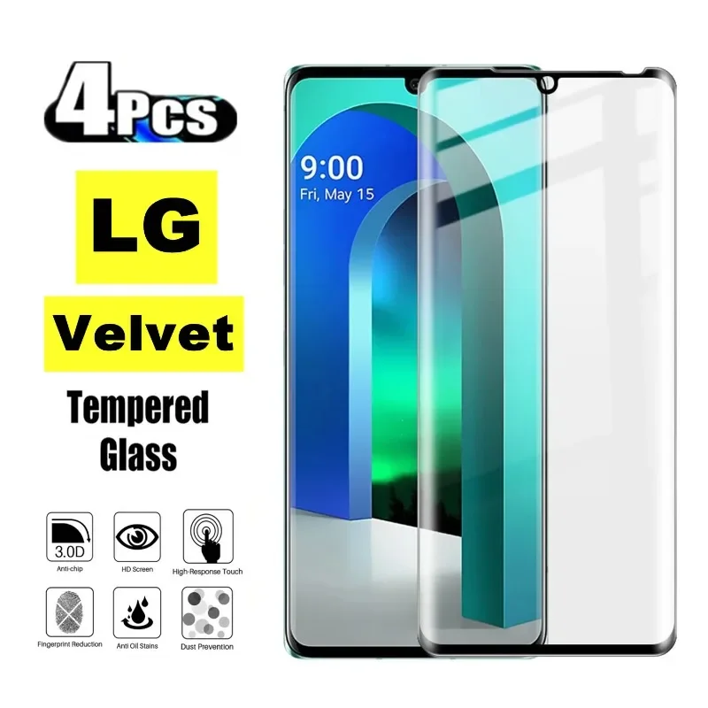 9H Curved Four Sides Glue Tempered Glass Film For LG Velvet 5G 2/4Pcs HD Screen Protector Glass