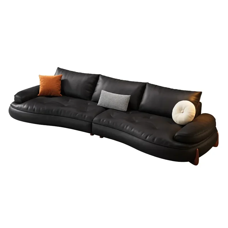 Leather sofa, living room small apartment light luxury modern curved black