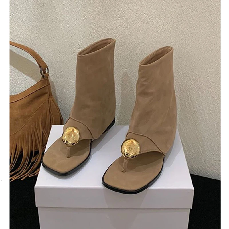 Metal Clip-Toe Roman Sandals Women's Summer 2026 Flat Bottom Short Boot Tube Boots Unique Small Crowd Cool Shoes Fashionable