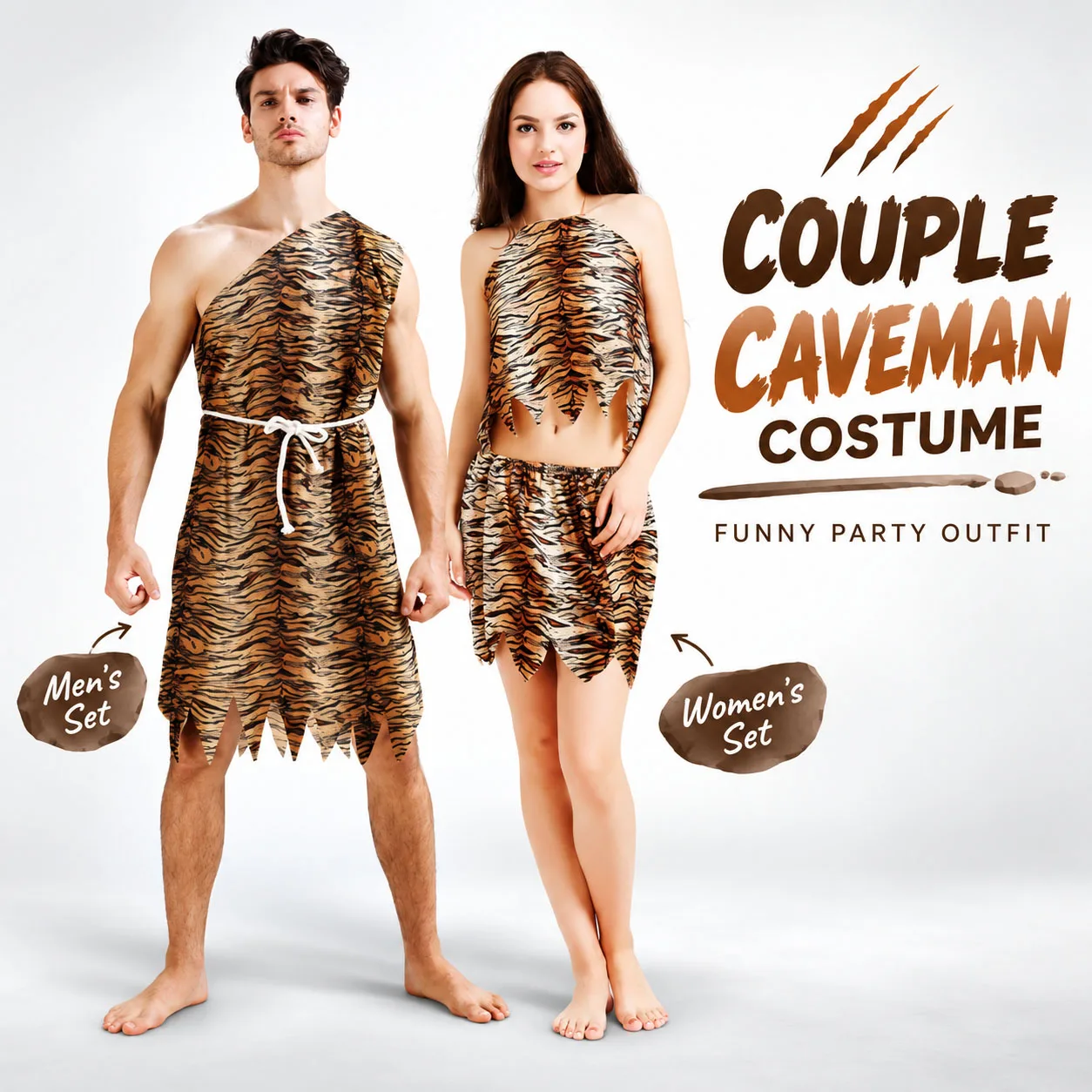 Costume de Caveman pour hommes et femmes, tenue de couple imprimée tigre de l'âge de pierre, ensemble de performance de cosplay d'Halloween pour fête primitiviste préhistorique