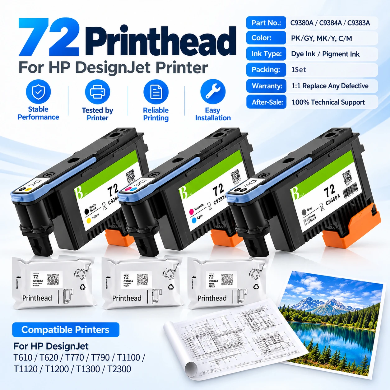For HP 72 Printhead Refurbished For HP C9380A C9384A C9383A For HP T770 T790 T1120 T1200 T1300 T620 T610 T1100 T2300 Printer