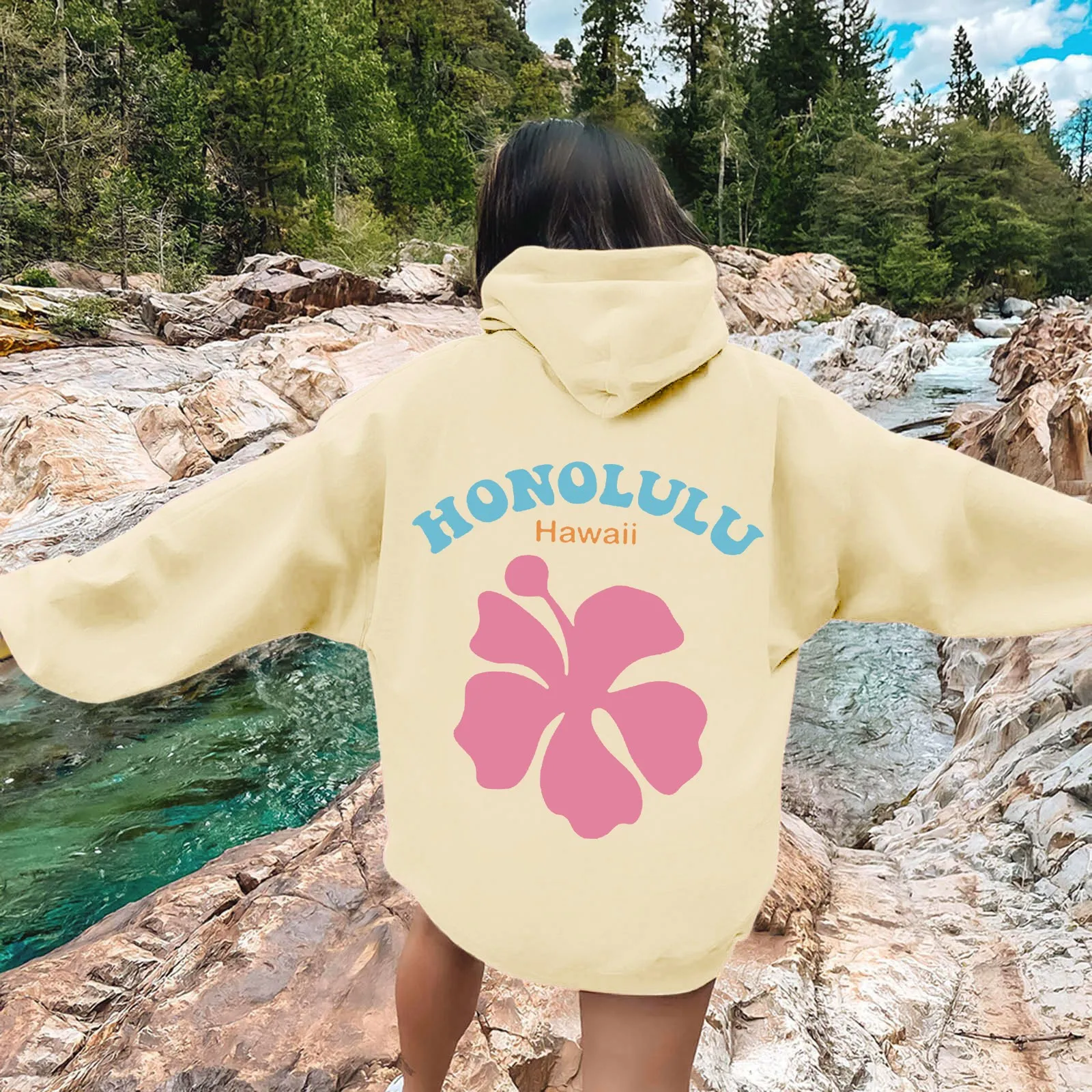 Hawaii Pink Flower Graphic letter Printed Hooded Women Oversized Hoodies High Quality Pullover Female Prevalent Sweatshirt Tops