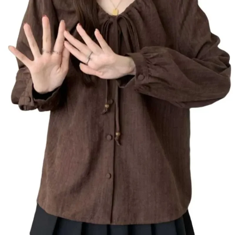 

Women's New Stitched Round Neck Button Tie Fashion Solid Color Loose Versatile Casual Long Sleeve Shirts